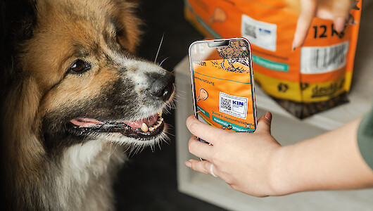 Hund schaut auf QR-Codes des FIETE-Futtersack (c)deuka Tiernahrung Cremer