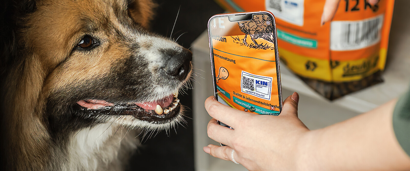Hund schaut auf QR-Codes des FIETE-Futtersack (c)Deutsche Tiernahrung Cremer