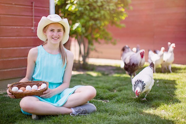 Girl holding basket with eggs in front of flock of chickens