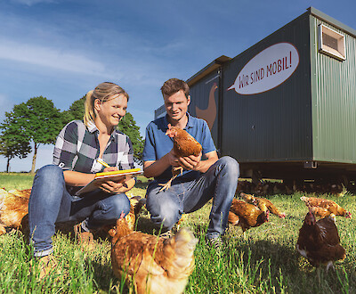 Landwirt und Geflügelfachberaterin diskutieren optimales Management der Legehennen vor dem Mobilstall (© Deutsche Tiernahrung Cremer).